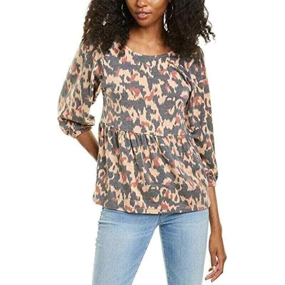Bobeau Women's 3/4 Sleeve Babydoll‎ Top in Tan Brown Small MSRP $58